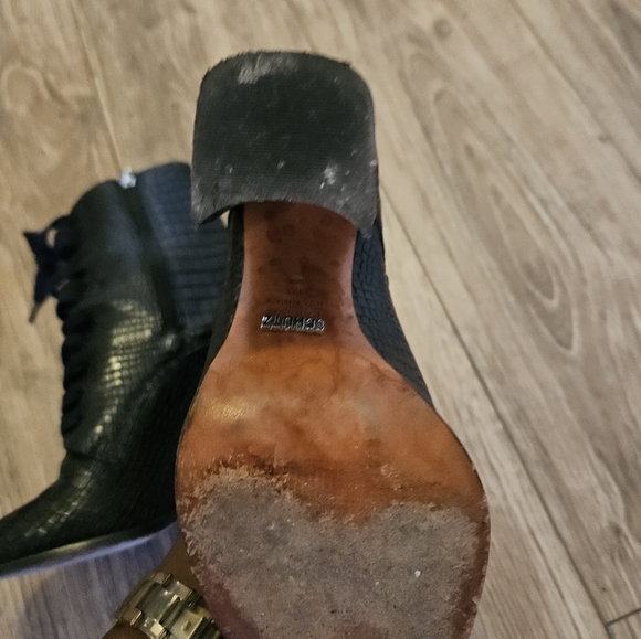 SCHUTZ Black Croc-Patterned Heeled Boots with Pearl Detail - Picture 3 of 3